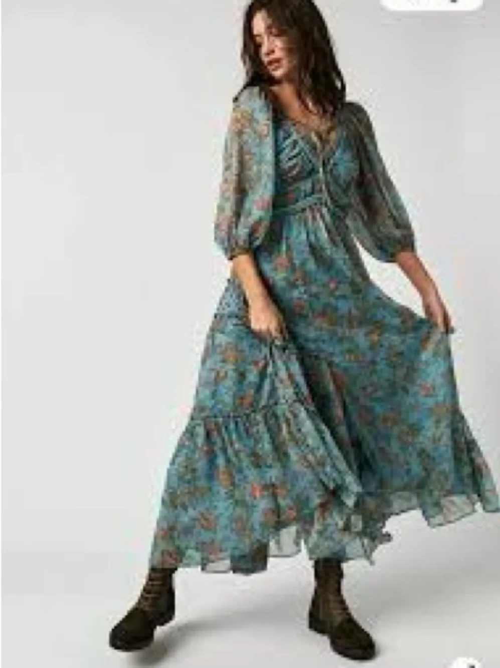 Free People Teal Floral Tiered Maxi Dress - Picture 2 of 7